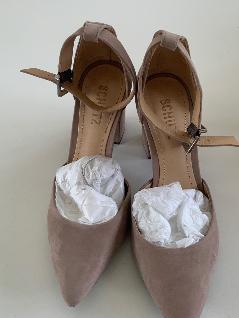 SCHUTZ Taupe Suede Pointed-Toe Ankle-Strap Heels